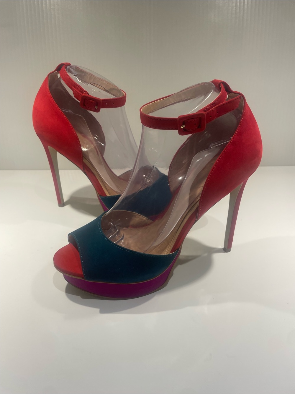 Brian Atwood | Red and Teal | Suede Ankle-Strap | Stilettos | 8,5